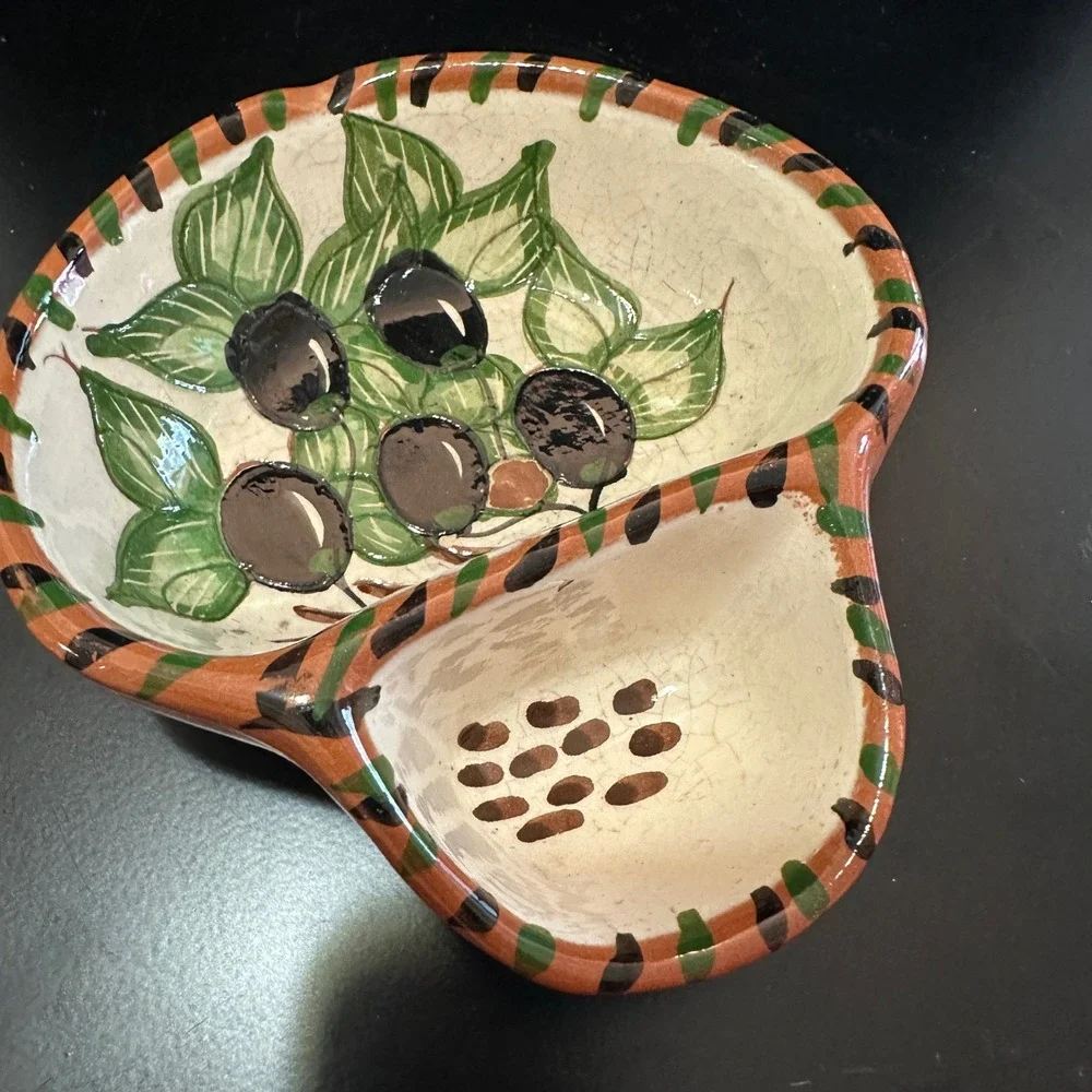 Portugal Hand Painted Terracotta Olive Dish Pit Holder Ceramic Bowl 5.5in